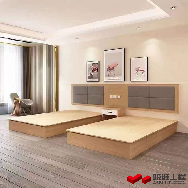 Muebles de hotel, cama de madera/armario/gabinete/escritorio/mesita de noche para apartamento prefabricado